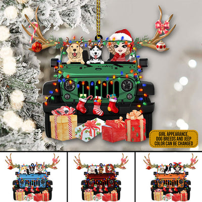 89Customized Christmas jeep girl and dogs Customized Ornament