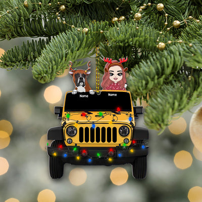 89Customized Christmas Jeep Girl And Dogs Personalized Ornament