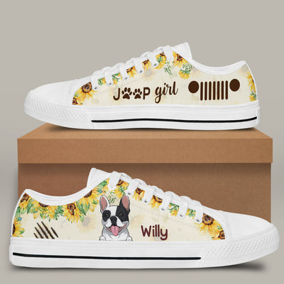 89Customized Jeep Girl and Dog Sunflower Pattern Customized White Low top Shoes