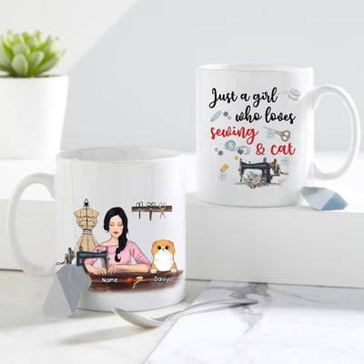 89Customized Just a girl who loves sewing & cats Personalized Mug