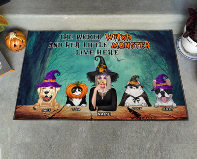 89Customized A wicked witch and her little monsters live here Pet and Witch Customized Doormat