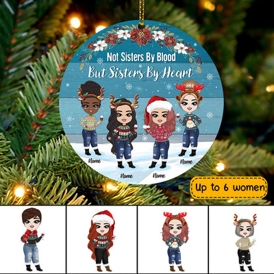 89Customized Side by side or miles apart sisters will always be connected by heart Chibi girl Personalized Ornament