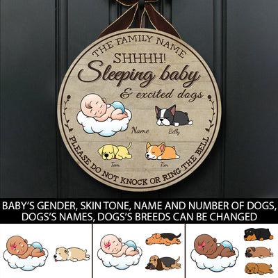 89Customized Sleeping baby and excited dogs Please do not knock or ring the bell personalized wood sign