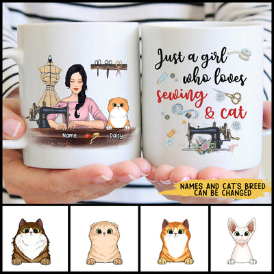 89Customized Just a girl who loves sewing & cats Personalized Mug