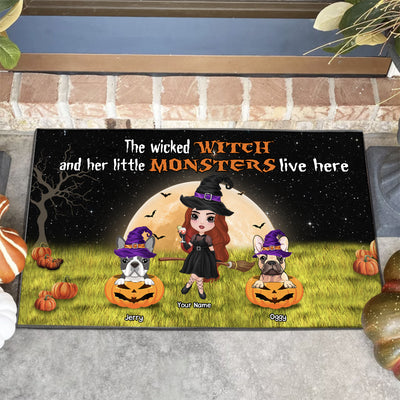 89Customized The wicked witch and her little monsters live here dog and witch 2 Customized Doormat
