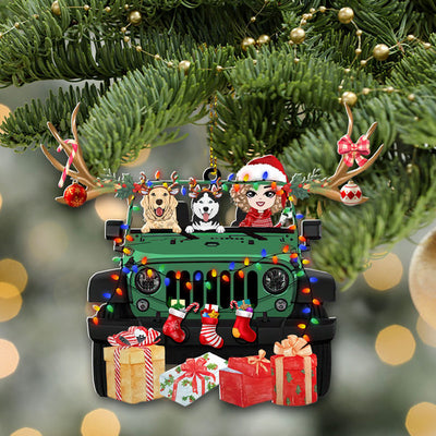 89Customized Christmas jeep girl and dogs Customized Ornament