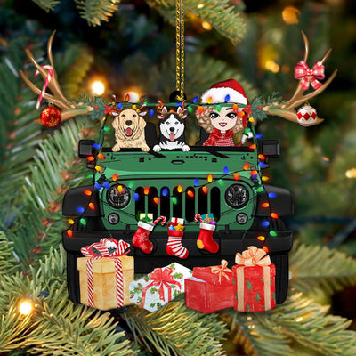89Customized Christmas jeep girl and dogs Customized Ornament
