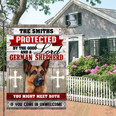 Personalized Protected By Lord and a German Shepherd Garden Flag inkgo