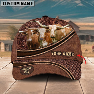 Personalized Texas Longhorn Carving Leather Pattern Classic Cap