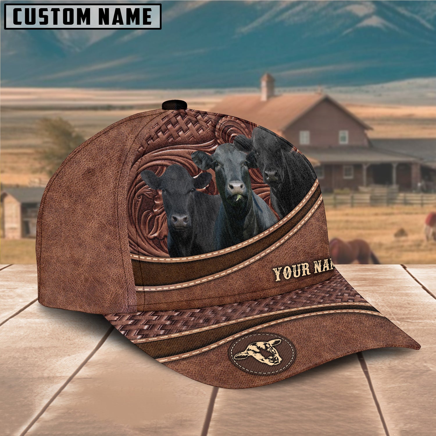 Personalized Black Angus Leather Pattern Classic Cap
