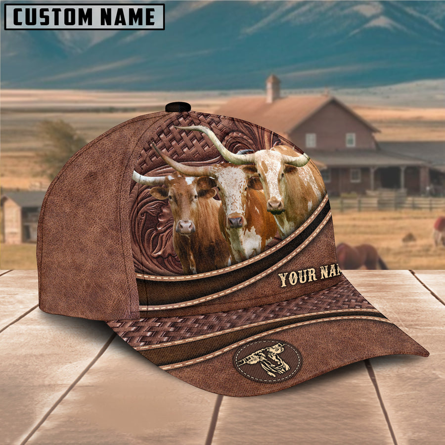 Personalized Texas Longhorn Carving Leather Pattern Classic Cap