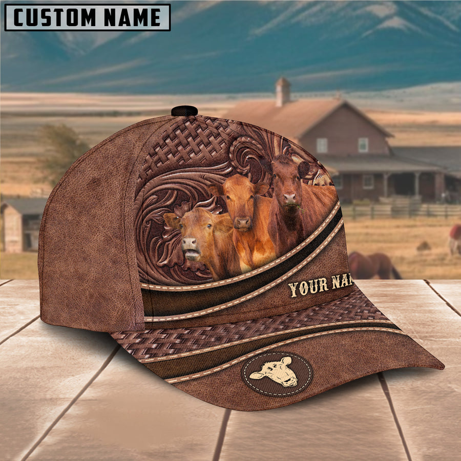 Personalized Red Angus Carving Leather Pattern Classic Cap