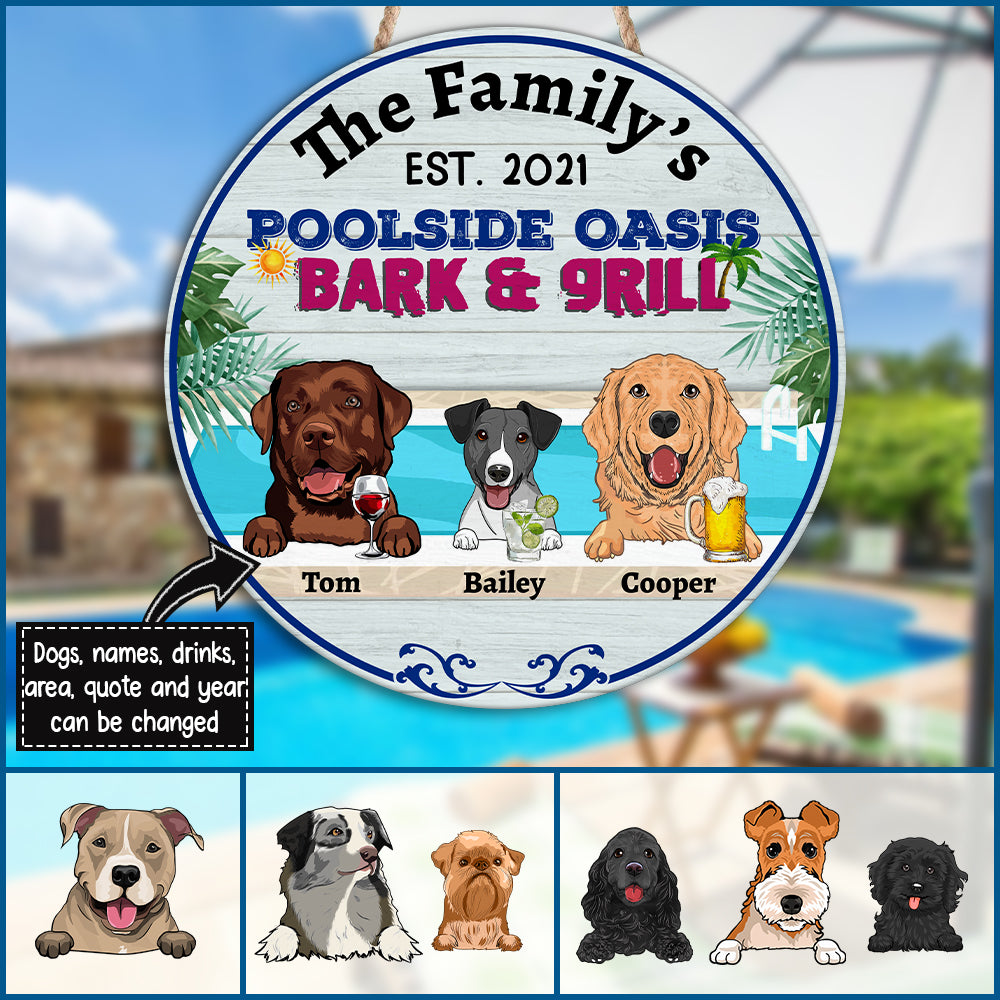 89Customized Dogs And Cats Poolside Bark & Grill Funny Personalized Wood Sign