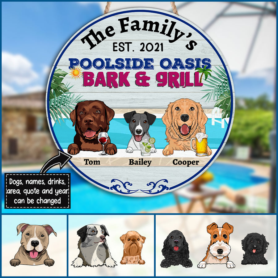 89Customized Dogs And Cats Poolside Bark & Grill Funny Personalized Wood Sign
