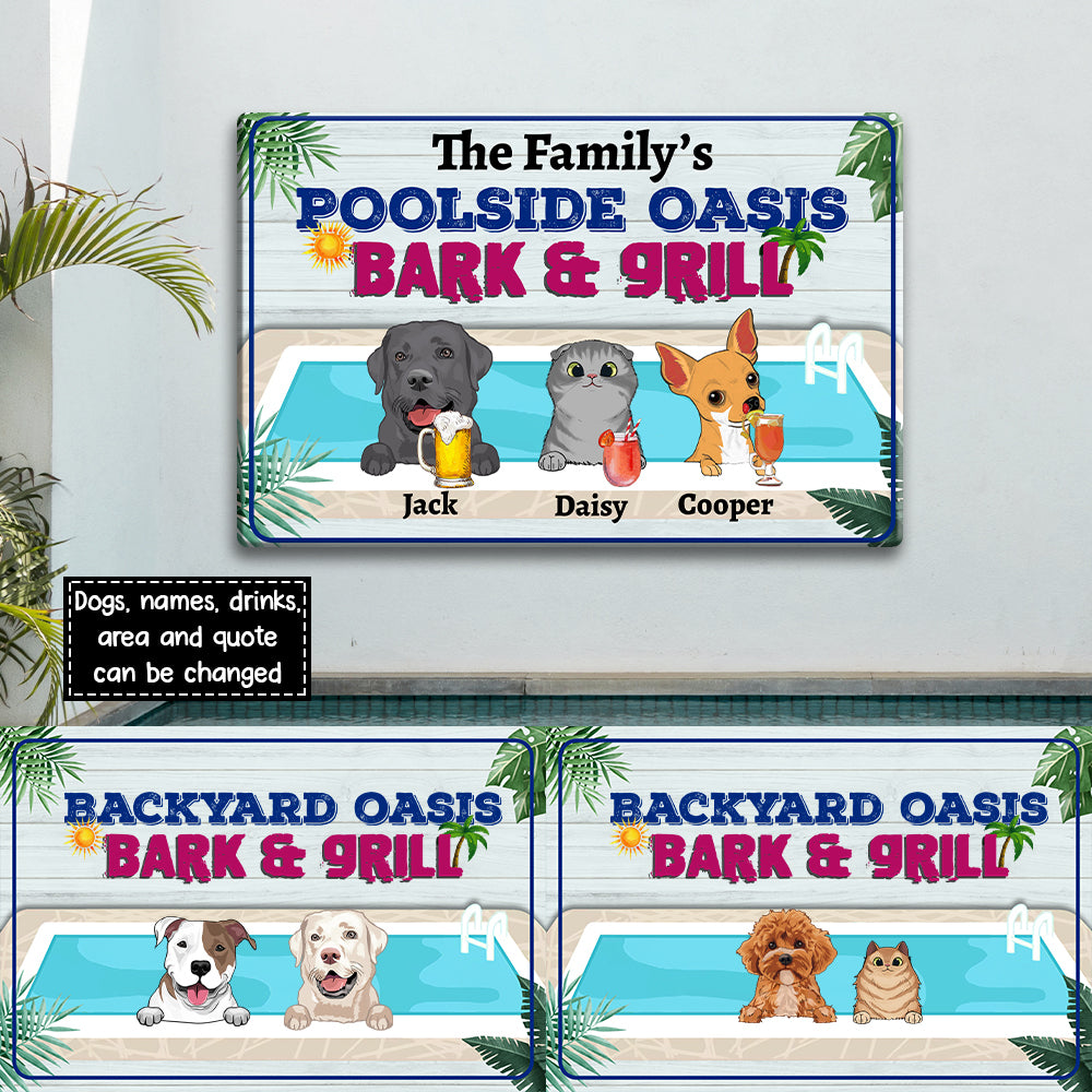 89Customized Dogs Poolside Oasis Bark & Grill Funny Personalized Printed Metal Sign