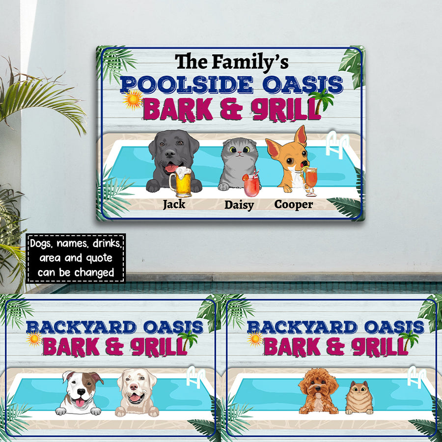89Customized Dogs Poolside Oasis Bark & Grill Funny Personalized Printed Metal Sign