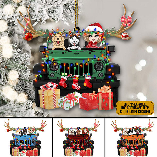 89Customized Christmas jeep girl and dogs Customized Ornament