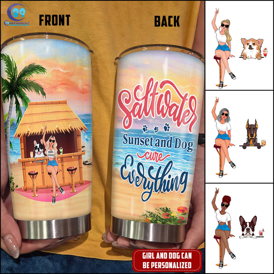89Customized Saltwater, sunset and dogs cure everything Girl and Dog Customized Tumbler