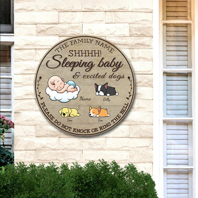 89Customized Sleeping baby and excited dogs Please do not knock or ring the bell personalized wood sign
