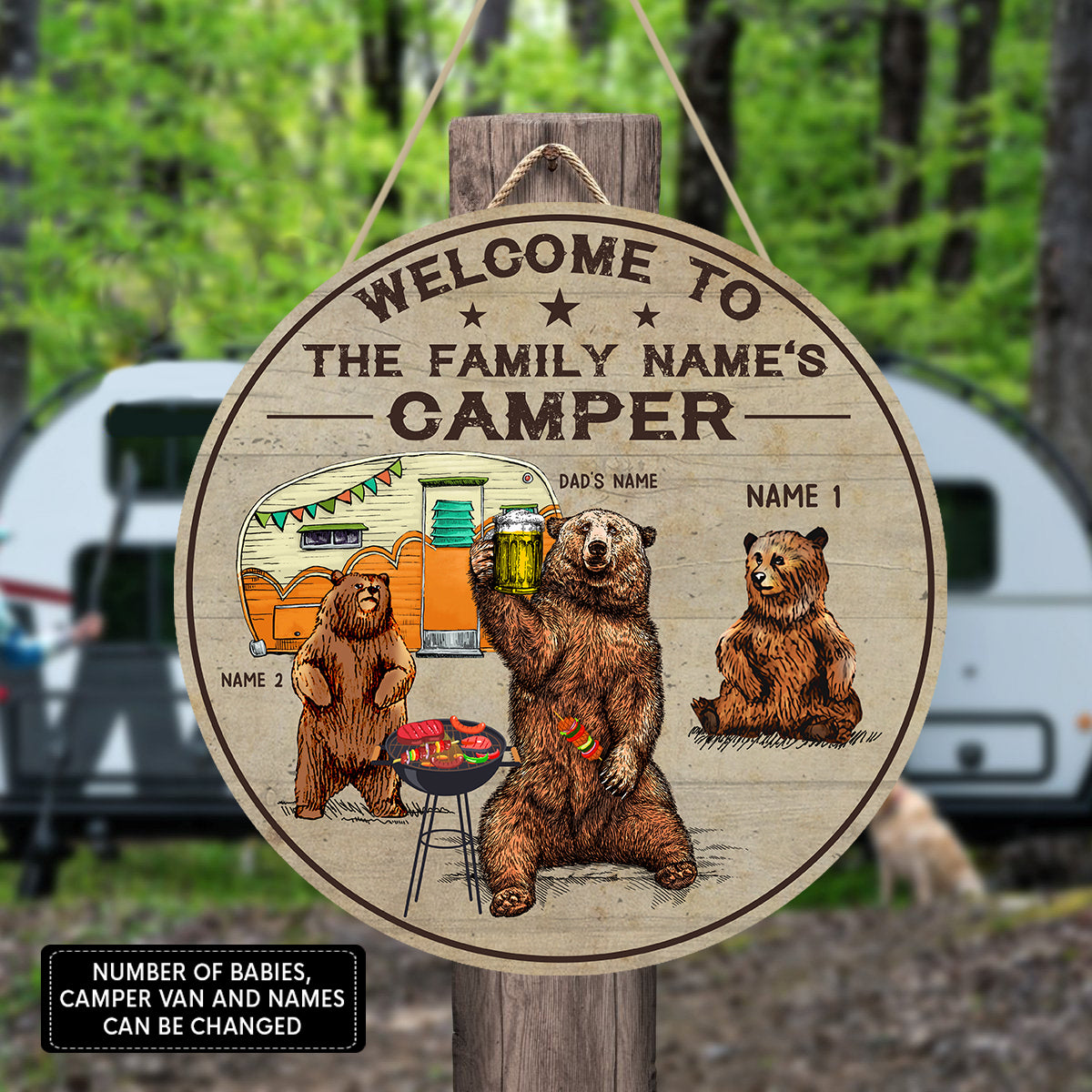 89Customized Welcome to our camper bear family personalized wood sign