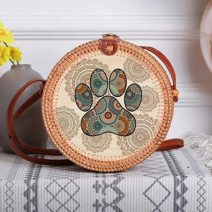 89 Customeized Dog Lovers Mandala Personalized Rattan Straw Bag