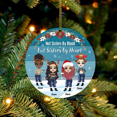 89Customized Side by side or miles apart sisters will always be connected by heart Chibi girl Personalized Ornament