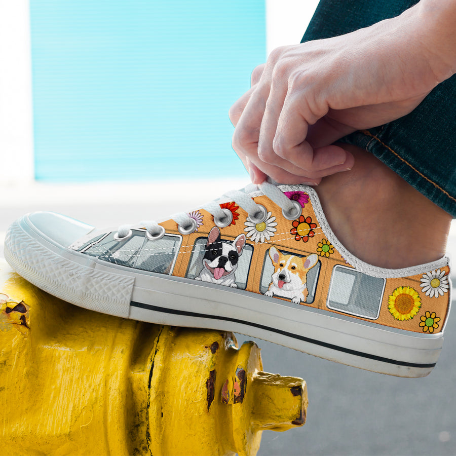89Customized Campervan Hippie Dog Customized White Low Top Shoes