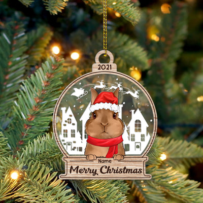 89Customized Snowglobe Christmas Rabbit Lovers 3D 2 Layered Mix Ornament