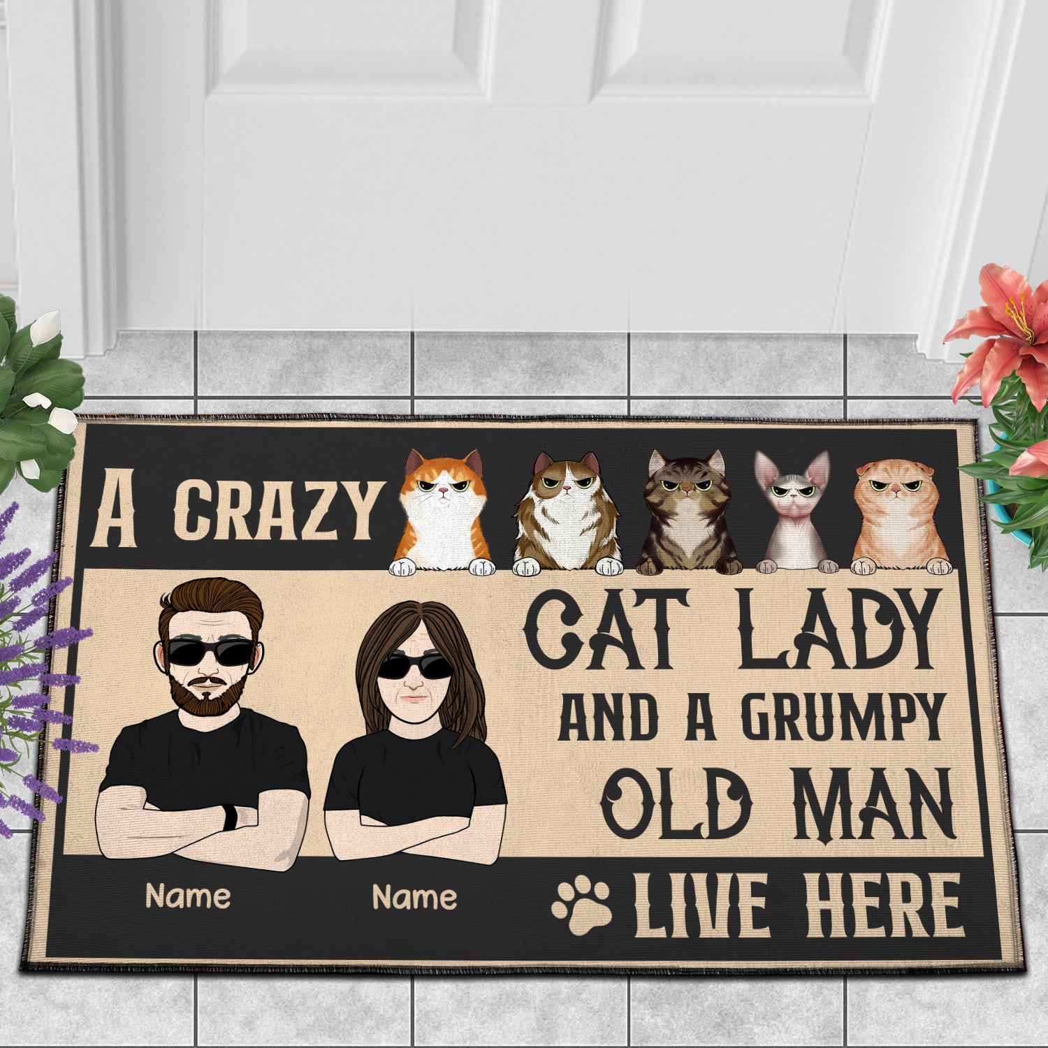 89Customized A crazy cat lady and a grumpy old man live here Personalized Doormat