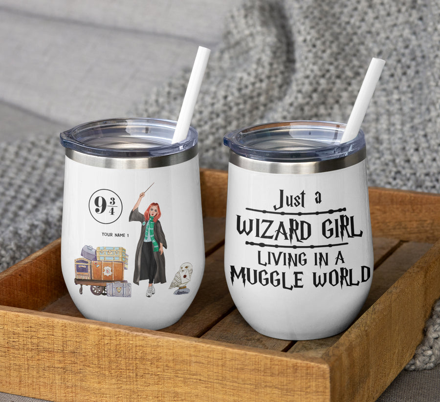89Customized Just a wizard girl living in a muggle world (No straw included) Wine Tumbler