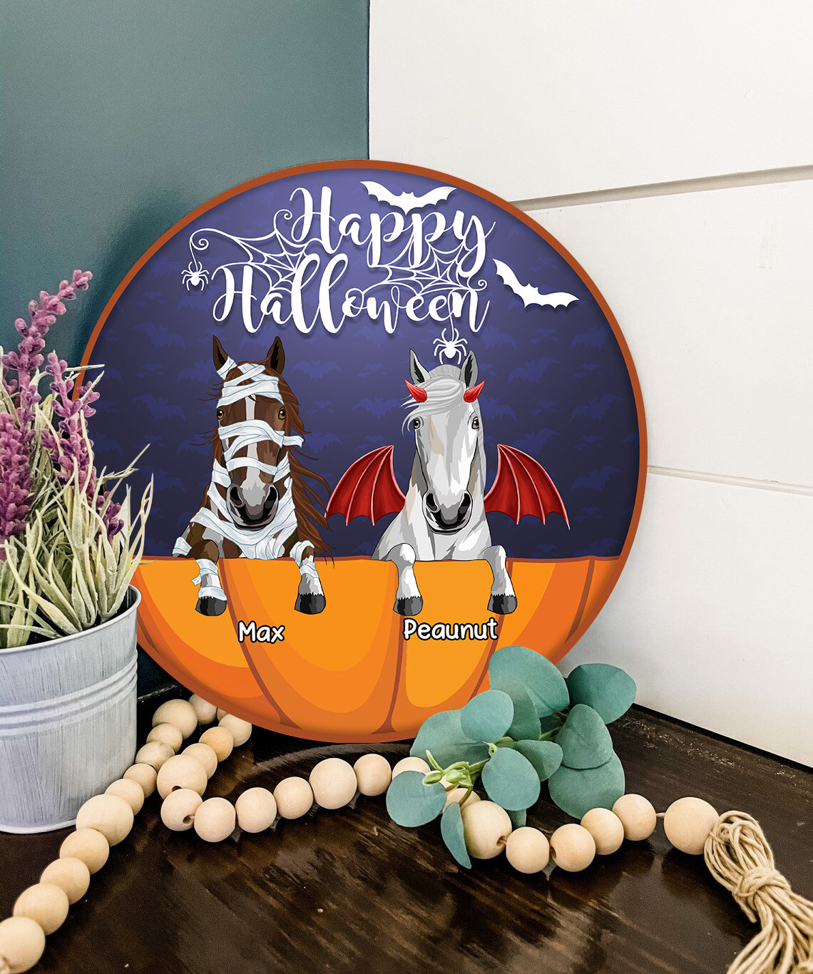 89Customized Happy Halloween Funny Horses Personalized Wood Sign