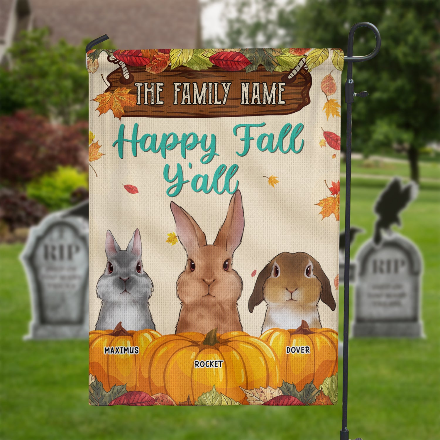 89Customized Happy Fall Y'all Rabbits Welcome Personalized Garden Flag
