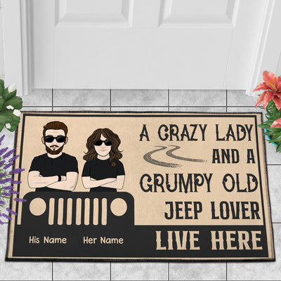 89Customized A crazy lady and a grumpy old jeep lover live here Personalized Doormat