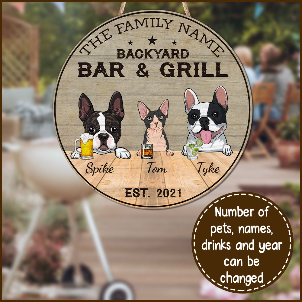 89Customized Cat And Dog Backyard Bar & Grill Personalized Wood Sign