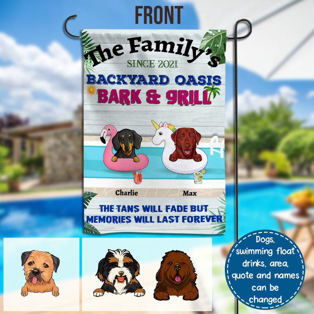 89Customized Dogs Poolside Oasis Bark & Grill Funny Personalized 2 Sided Flag