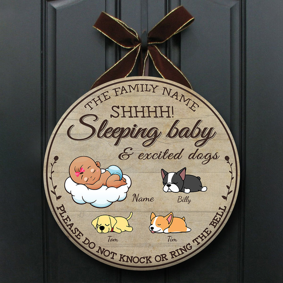 89Customized Sleeping baby and excited dogs Please do not knock or ring the bell personalized wood sign