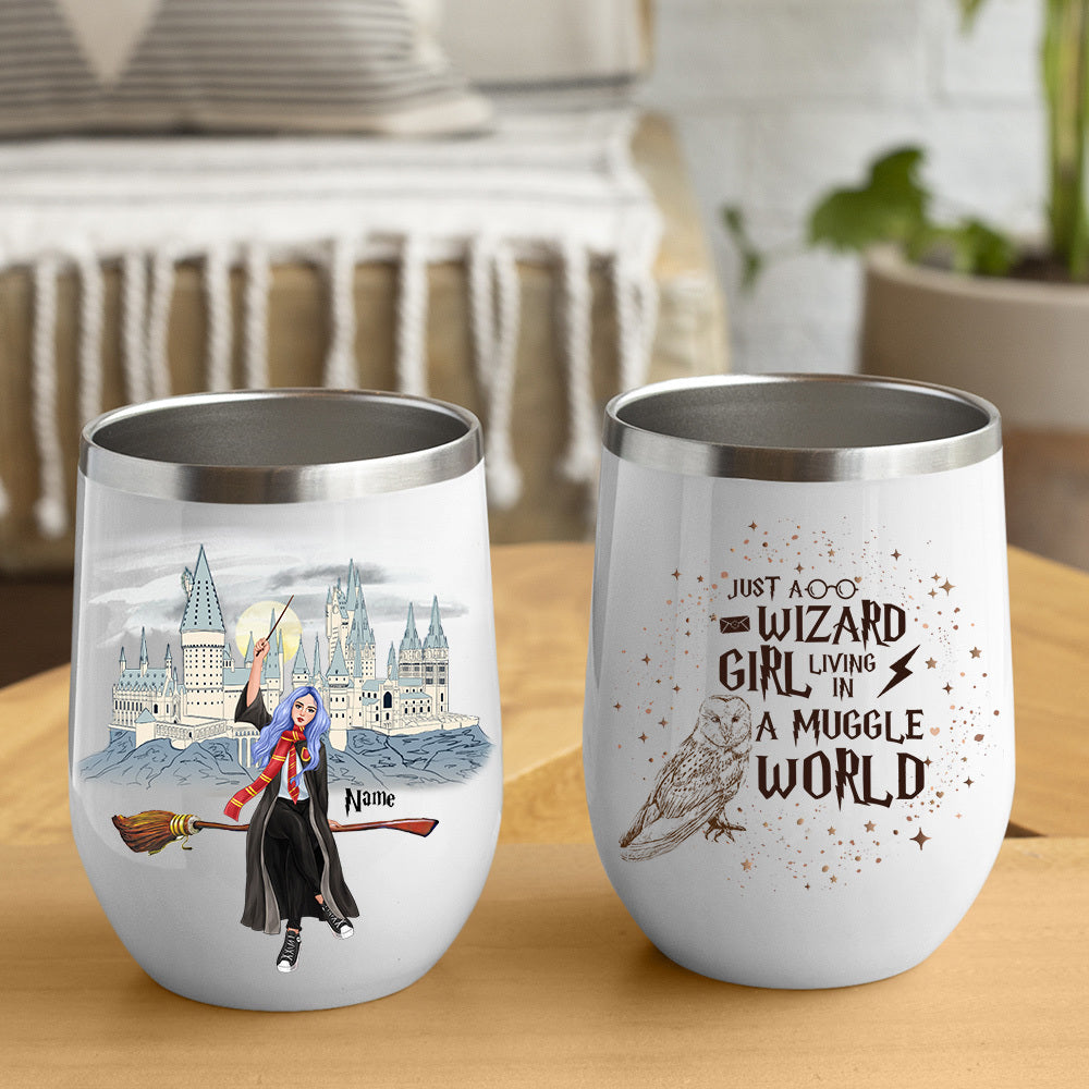 89Customized Just a wizard girl living in a muggle world Wine Tumbler