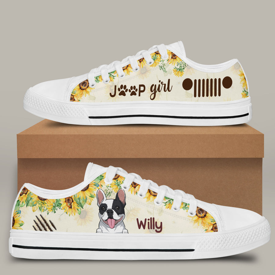 89Customized Jeep Girl and Dog Sunflower Pattern Customized White Low top Shoes