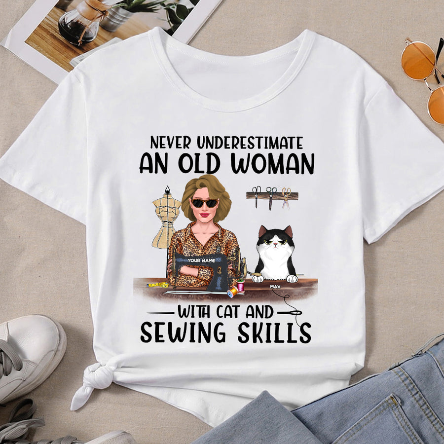 89Customized Never underestimate an old woman with cats & sewing skills Personalized Shirt