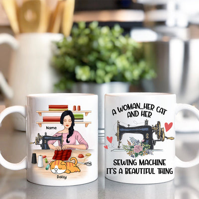 89Customized A woman her cat and her sewing machine it's a beautiful thing Personalized Mug