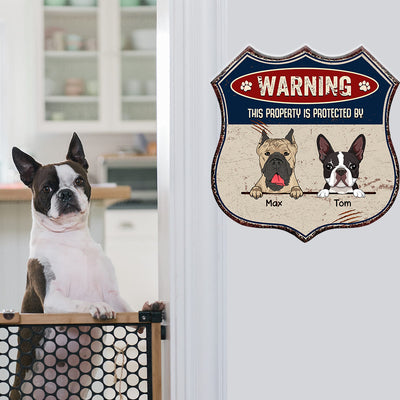 89Customized This Property Is Proctected By Dogs Personalized Shield Metal Sign