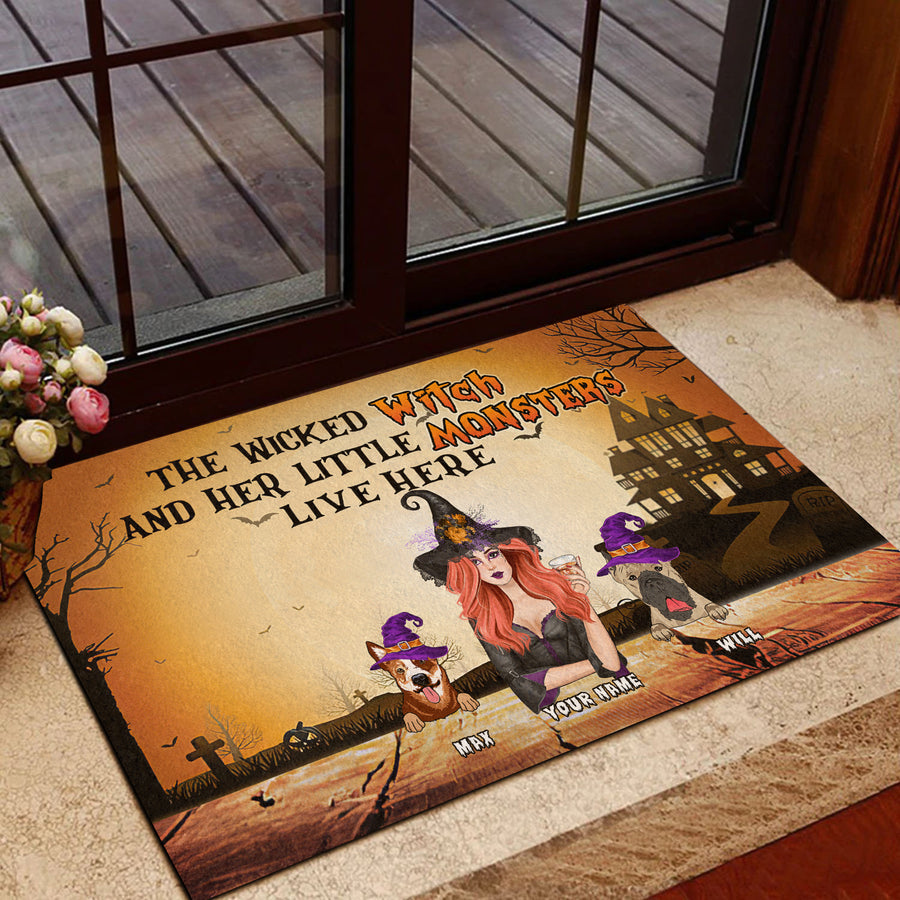 89Customized The wicked witch and her little monsters live here Halloween Witch and her dogs Customized Doormat