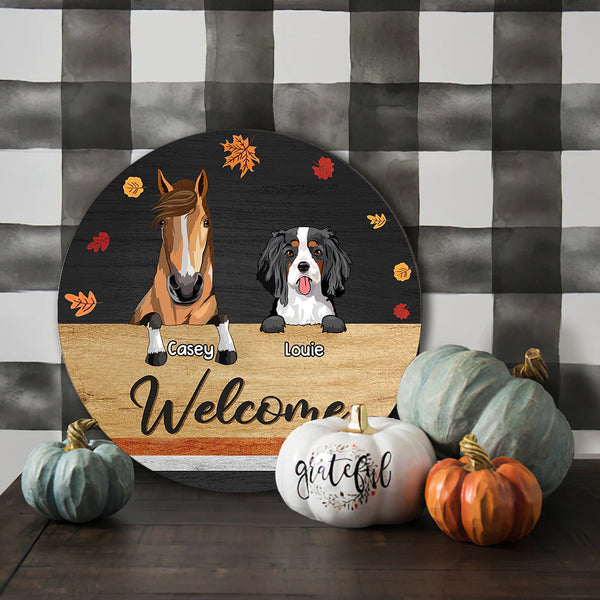 89Customized Fall Season Dogs And Horses Welcome Personalized Wood Sign