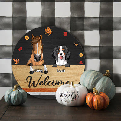 89Customized Fall Season Dogs And Horses Welcome Personalized Wood Sign