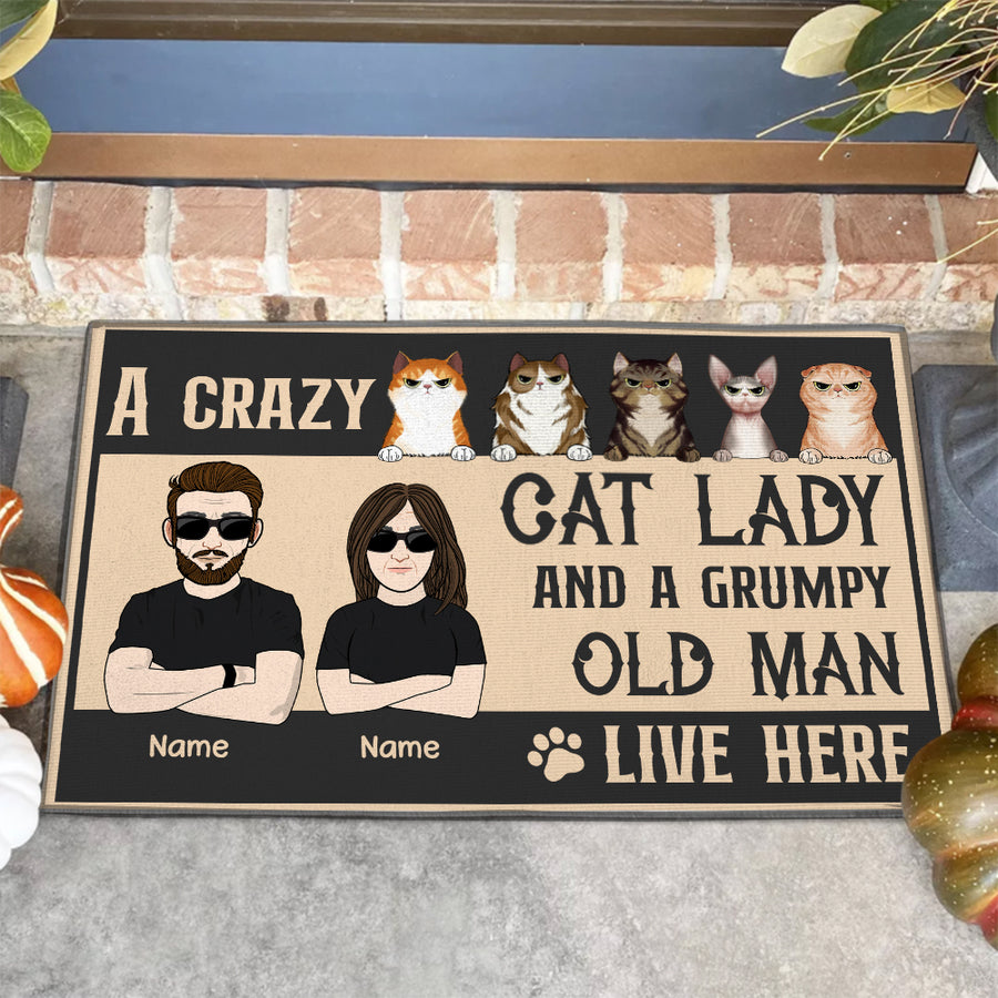 89Customized A crazy cat lady and a grumpy old man live here Personalized Doormat