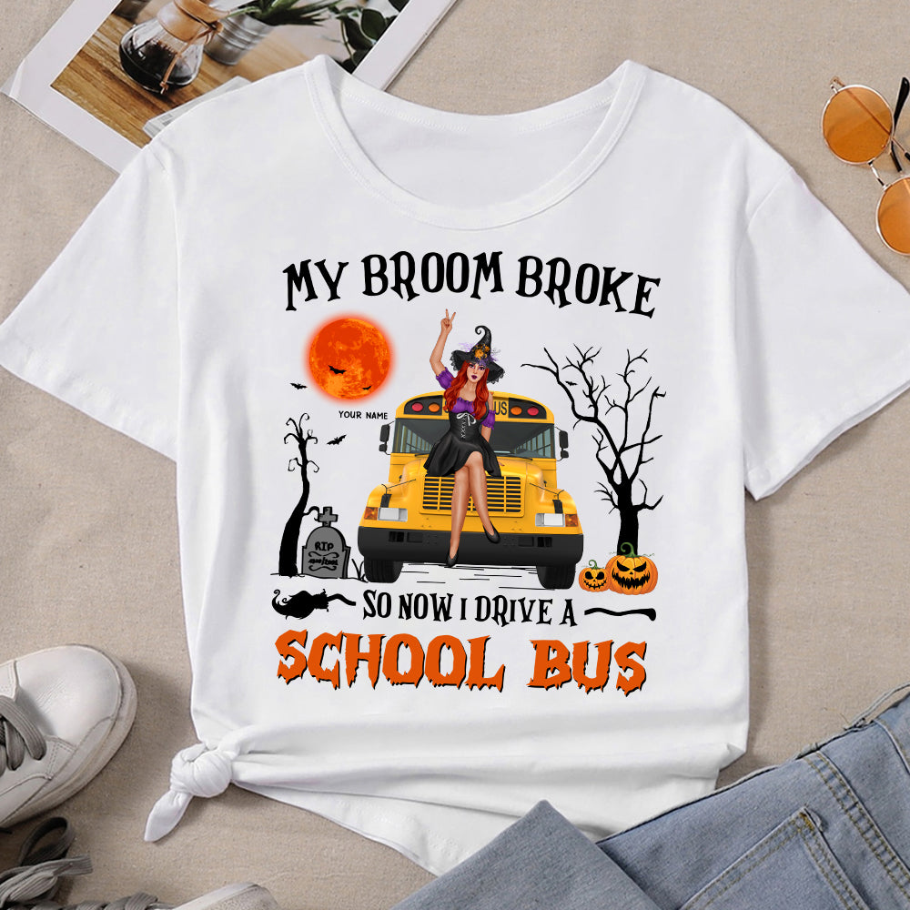 My broom broke so now I drive a school bus witch halloween personalized shirt