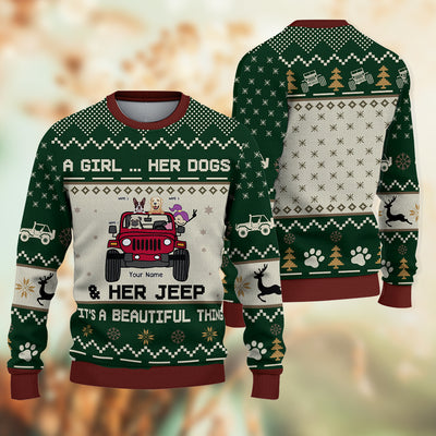 89Customized A girl her dogs & her jeep it's a beautiful thing 3 Customized Ugly Sweater