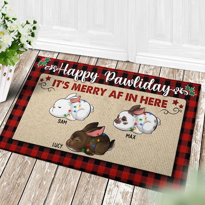 89Customized Happy Pawliday It's Merry AF In Here Rabbit Personalized Doormat