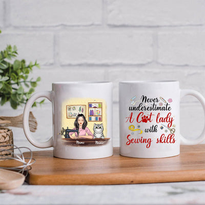 89Customized Never underestimate a cat lady with sewing skills young lady Personalized Mug