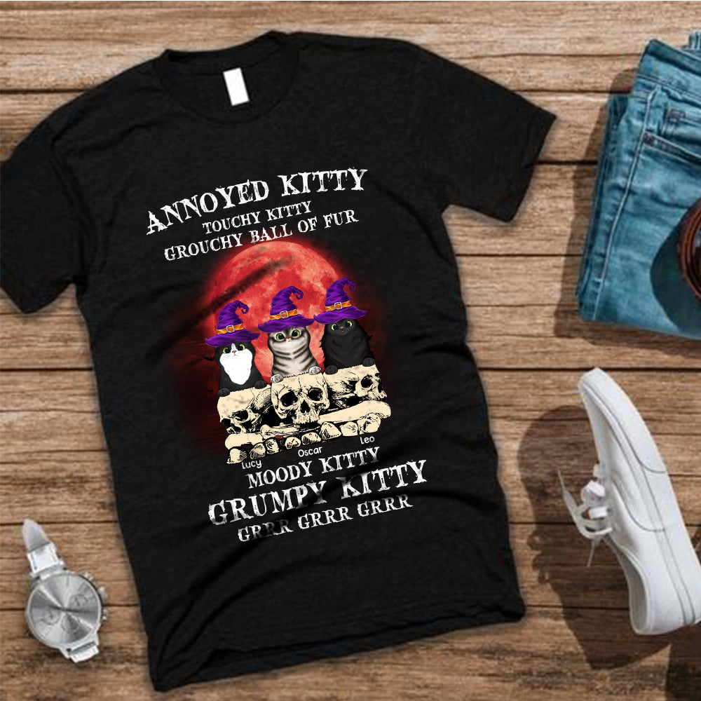 89Customized Annoyed Kitty Touchy Kitty Grouchy Ball of Fur Cat Witch Shirt